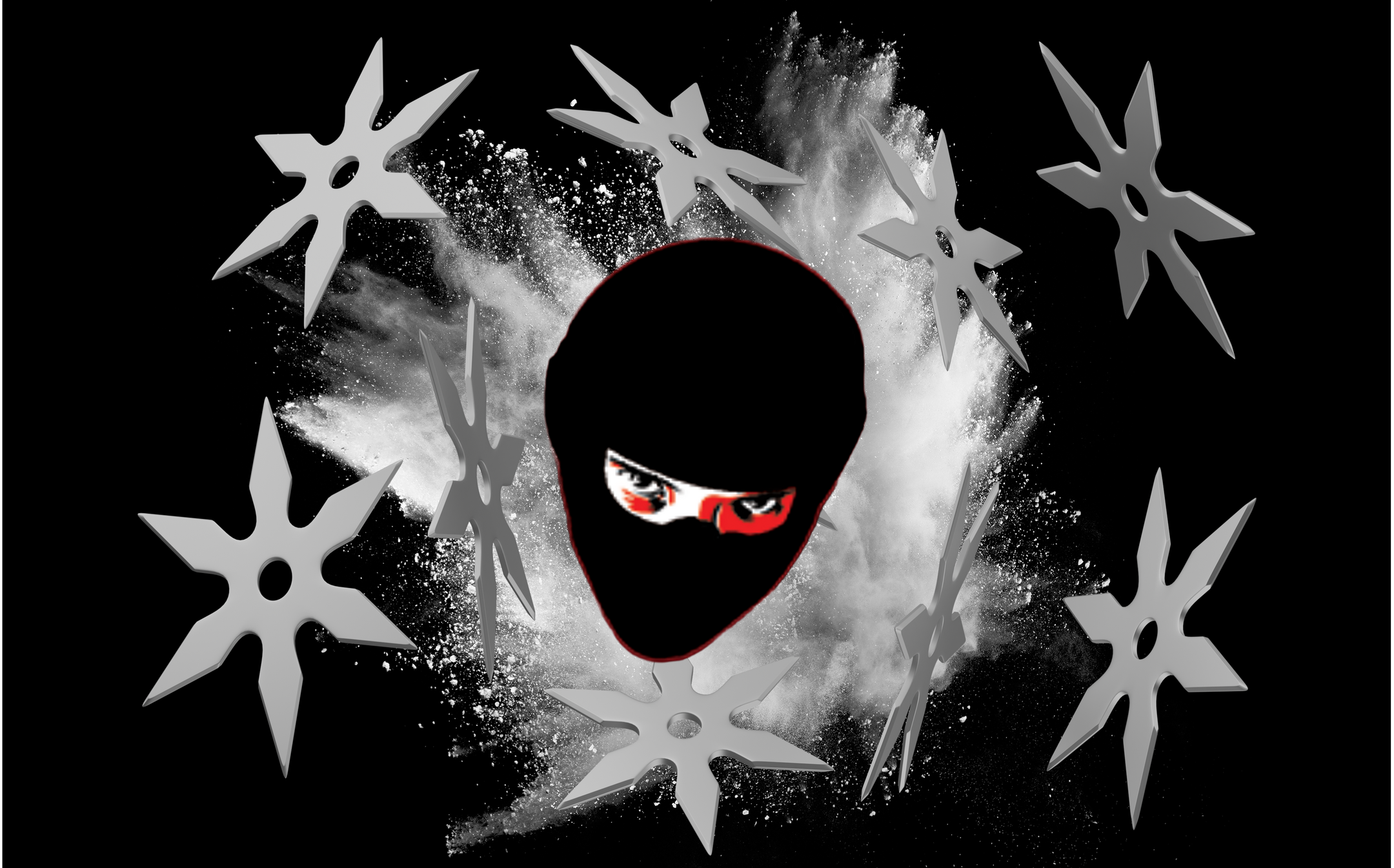 Icoon for Rogue Games, Inc. It consists of a ninja head, behiund it Icon for Rogue Games, Inc. It consists of a ninja head. Behind it, throwing stars fly in various directions, andrves as the background. an explosion seare throwing stars flying in various